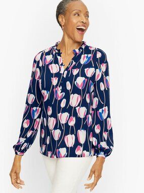 Talbots Plus Ruffle Trim Popover - Tulips Print in Size 1X